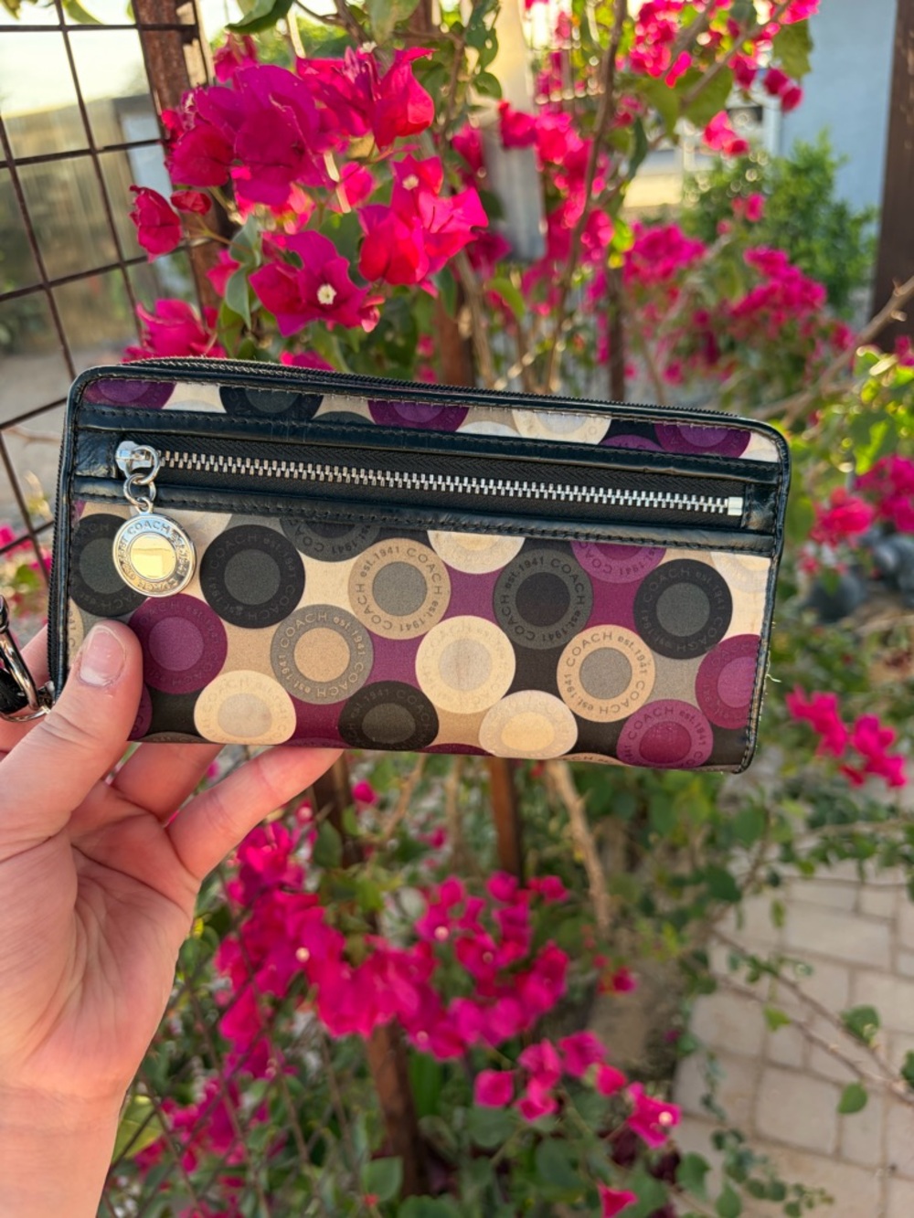 Coach Circle-Print Zip Wallet in Plum, Black & Cream